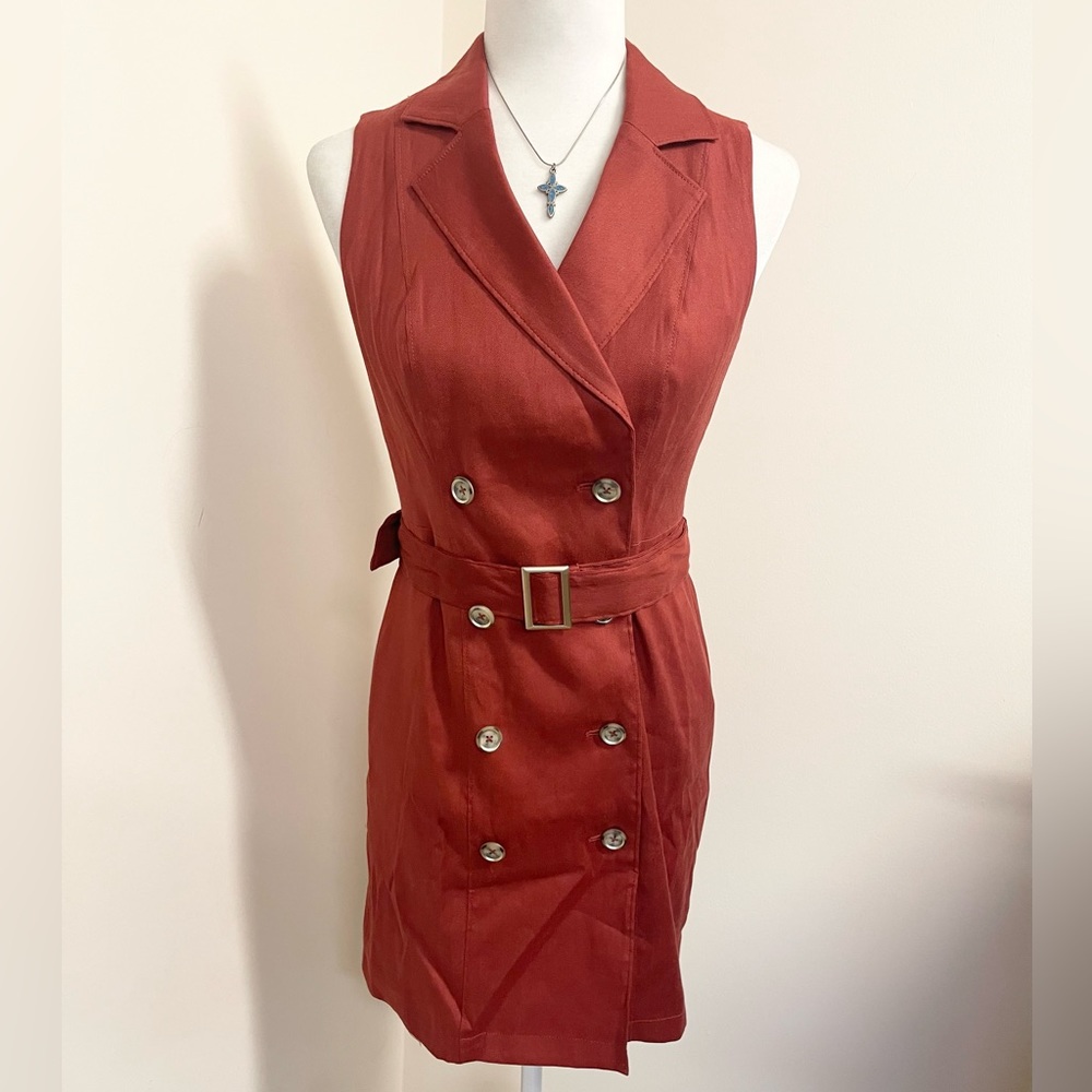 White House Black Market Rust Red Double-Breasted Sleeveless Belted Dress